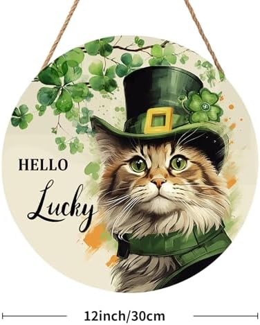 St. Patrick's Day Door Decoration for Home Cat Lucky Shamrock Wreath for Front Door Lucky Clover Cat Hanging Wall Sign Green Wreath Wooden Plaid Plaque for Porch Home Office Farmhouse 12"x12" - Image 2