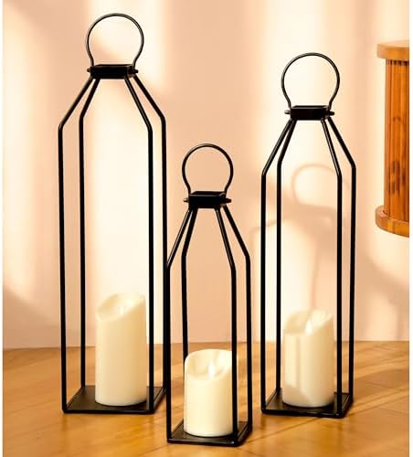 Perfnique Modern Farmhouse Lanterns, Set of 3 Black Metal Lanterns w/ 6hr Timer Flickering Flameless Candles, Decorative for Outdoor Decor, Front Porch, Indoor, Patio, Garden, Fireplace, Christmas by PERFNIQUE