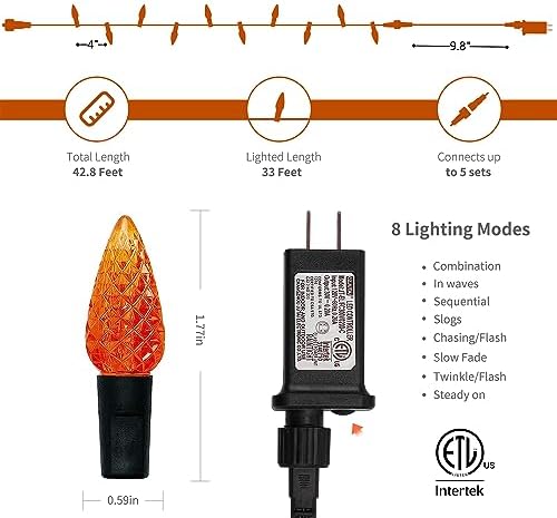 WATERGLIDE Halloween C6 String Lights, 33ft 100 LED Black Wire Fairy Lights with 29V Safe Adaptor, 8 Lighting Mode, Waterproof for Indoor Outdoor Patio Xmas Tree Party Decor, Orange & Purple - Image 3
