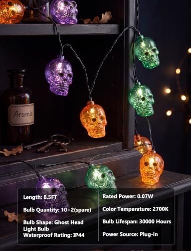 8.5Ft Outdoor Halloween Skull String Lights Plug in, 10 Ghost Head Lights - Image 5