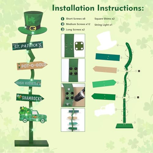 43.8" Lighted Wooden St. Patrick's Day Porch Sign Leprechaun Hat Shamrock Irish Train Standing Signs With Base For Indoor Outdoor Yard Decor - Image 5