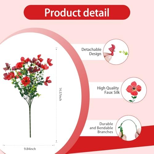 Artificial Faux Plants Flowers Outdoor Spring Summer Decoration, 12 Bundles Fake Silk Colorful Daisy Eucalyptus Realistic UV Resistant for Outside Home Planter Porch Patio Yard Decor (Red Brown) - Image 2
