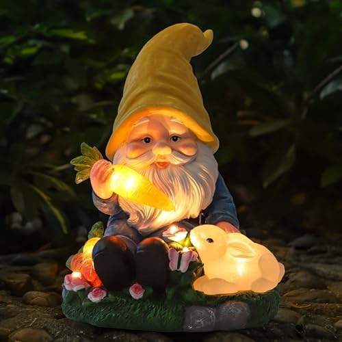Solar Garden Outdoor Statues Gnome Feeding Rabbit with 6 LED Lawn Decor Outside Decorations for Patio, Balcony, Yard Ornament Unique Garden Gift - Image 3