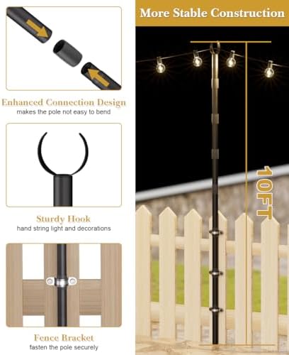 10Ft String Light Poles for Fence & Deck Railing, Outdoor Light Stand with Fence Brackets, Heavy-Duty Metal Poles for Backyard, Garden & Patio Party Lighting, Rustproof & Adjustable - Image 2