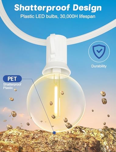 SUNSGNE White String Lights Outdoor, 50FT White Outdoor Lights with 52 G40 Shatterproof LED Bulbs(2 Spare) for Patio Garden Porch Pergola Bistro Outside Decorations, E12 Socket - Image 5