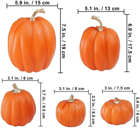 Winlyn 7 Pcs Assorted Harvest Orange Artificial Pumpkins Decorative Pumpkins Foam Pumpkins with Gold Stems for Fall Harvest Autumn Home Wedding Thanksgiving Halloween Party Table Centerpiece Décor - Image 2