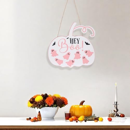 Fall Thanksgiving Door Sign Pink Pumpkin Wreath Decorations Hey Boo Sign for Front Door Decor Autumn Harvest Thanksgiving Farmhouse Wall Hanging Wooden Door Hanger for Fall Holiday Porch Outdoor Indoor Halloween Party - Image 6