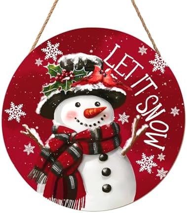Christmas Snowman Front Door Sign Snowflake Wood Door Hanger for Outdoor Outside Porch Winter Cardinal Birds Decoration Welcome Sign Farmhouse Round Wall Hanging Xmas Wreath Decor for Home 12"x12" by welcometoourhome