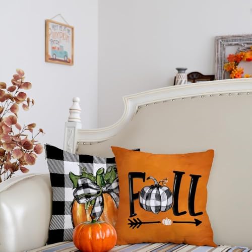 GEEORY Fall Decorative Throw Pillow Covers 20 x 20 Inch Set of 4, Pumpkins Thankful Blessed Buffalo Plaid Fall Decor Outdoor Farmhouse Pillow Cases for Home Couch (Orange Color) G337-20 - Image 6