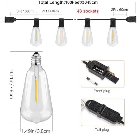 Outdoor String Lights, 100FT with 48 LED ST38 Bulbs,Waterproof,Cord Powered - Image 2