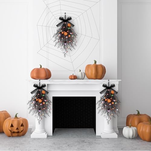 2 PCS Halloween Wreaths Halloween Floral Teardrop Swags Hanging Swag Plants Black Garland with Pumpkin Berries and 9.8ft Lights for Indoor Outdoor Party Wall Home Room Fireplace Porch Window Decor - Image 5