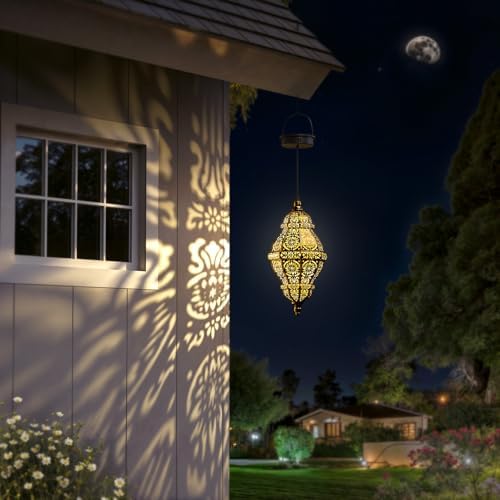 Twinkya 2 Pack Hanging Solar Lights Outdoor Garden Decor, Waterproof Plastic Moroccan Solar Powered Lantern Lamp, Outside Decorations for Patio Yard Porch Backyard Decor, Gardening Gifts for Women Mom - Image 4