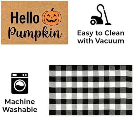 Fall Decor Halloween Layered Front Doormat Set, Hello Natural Coco Coir Door Mat + 3'x5' Black White Buffalo Plaid Rug, Non-Slip Porch Rug Outdoor Entryway Decor for Front Porch, Patio - Image 6