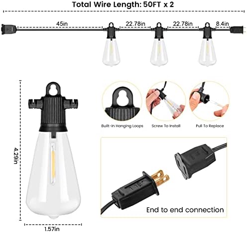 Zuske 100FT Outdoor String Lights, LED Patio Lights with 50+3 ST38 Vintage Edison Shatterproof Bulbs, IP65 Weatherproof Outside Hanging Lights for Backyard Bistro Cafe Garden(50FTx2) - Image 6