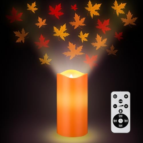 Baquler Fall Maple Leaf Flameless Candles Projector Lights Thanksgiving LED Candle Fall Night Light with Remote and Timer Battery Operated Electric Gifts for Wedding Autumn Harvest Halloween Decor by Baquler