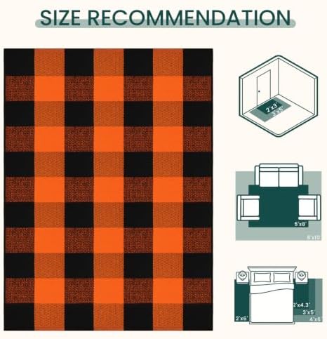 KOZYFLY Buffalo Plaid Rugs 3x5 ft Halloween Orange and Black Front Door Mat - Image 3