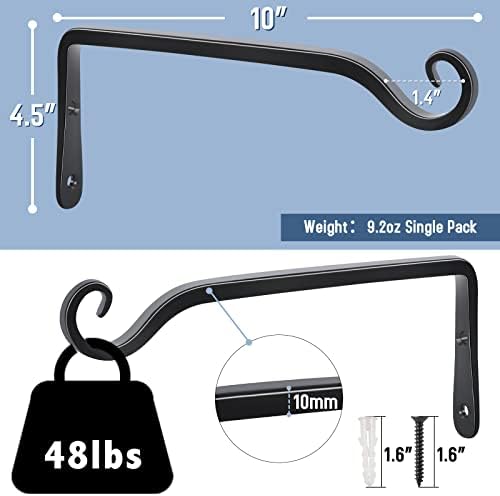 FEED GARDEN Wall Hooks for Hanging Plants 10 Inch - 2 Pack Heavy Duty Metal Plant Brackets, Holds 48 lbs, Rust Resistant Black L-Shape Hooks for Indoor Outdoor Decor - Image 2