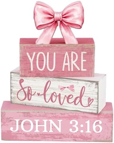 Lineshading 4 Pcs Pink Bow Decor Christian Table Decor Wooden Block Signs by Lineshading