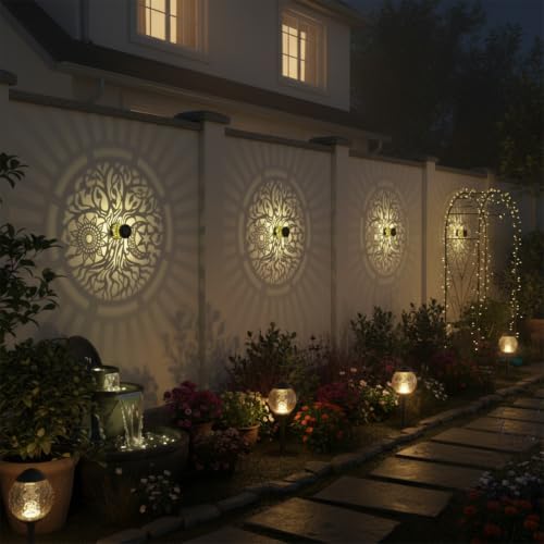 gardencave 4 Pack Solar Fence Lights Metal Solar Powered Outdoor Wall Deck Step Lights Tree Theme Waterproof Fence Light for Garden Post Patio Backyard Yard Decor (Tree, 4 Pack) - Image 2