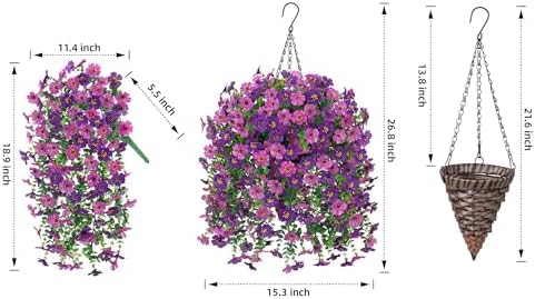 HyeFlora Artificial Hanging Flowers Basket for Outdoor, Fake Flowers Faux Plants Look Real for Yard Gardens Porch Patio Home (Darkpurple+Purple) - Image 5