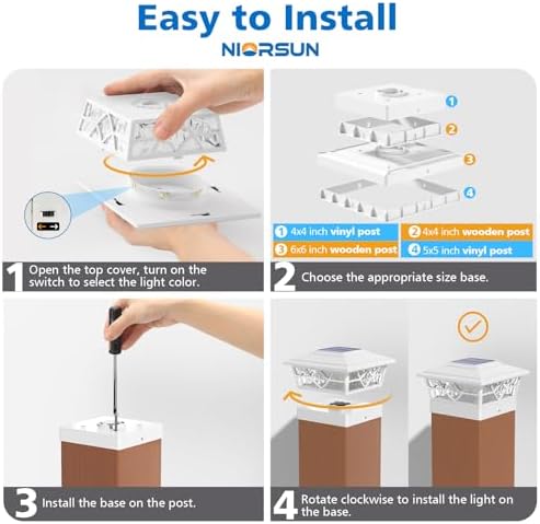 NIORSUN 4x4 Post Solar Lights, Solar Post Lights with 2 Modes, 6 Pack White - Image 6