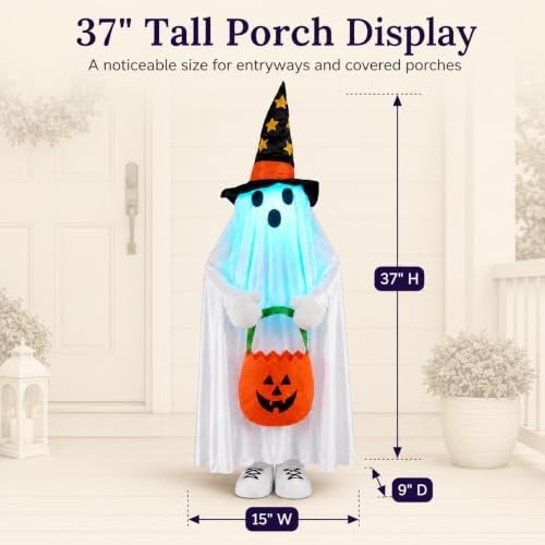 37" Outdoor Halloween Decorations Light Up Standing Ghost, Color Changing LED | Built-in Trick-or-Treat Candy Bag, Flexible Arms & Legs, Porch Yard Decorations, Indoor Outdoor Lighted Decor - Image 4