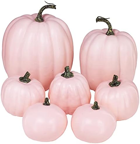 Winlyn 7 Pcs Assorted Sizes Fall Artificial Peach Pink Pumpkins Harvest Faux Foam Light Pink Pumpkins for Fall Autumn Season Halloween Thanksgiving Harvest Festive Tabletop Decoration by Winlyn