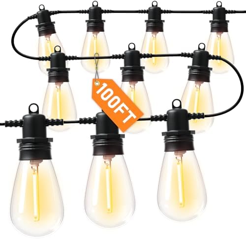 100FT LED Outdoor String Lights with 30 Edison Shatterproof IP65 Waterproof Bulbs, 2700K Dimmable Commercial Grade Patio Lights, Heavy Duty Outside Hanging Light for Garden Porch Deck Decor by Jerritte