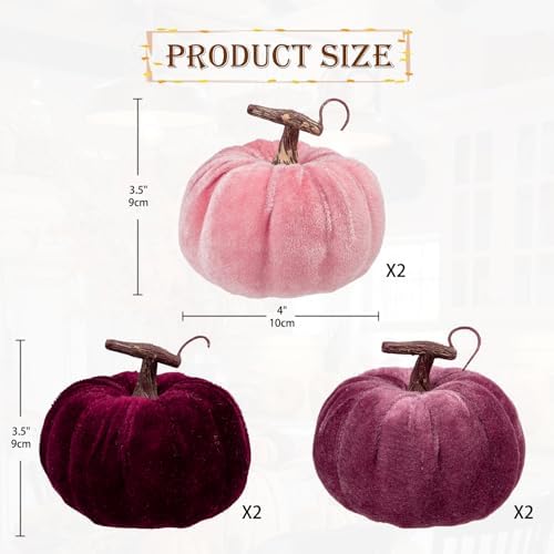 Briful Fall Pumpkins Decoration for Home, 6PCS Velvet Fake Pumpkin Decor for Autumn Harvest Thanksgiving Halloween Party Baby Shower Table Centerpiece Mantel Decoration(4 Inch, Purple/Burgundy/Pink) - Image 2