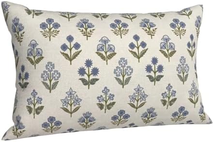 Blue Green Pillow Covers 12x20 Inch 2 Pcs Block Print Vintage Floral Decor Throw Pillows Boho Flower Spring Summer Outdoor Seasonal Decoration Pillowcase Linen Cushion Cover for Couch Sofa - Image 7