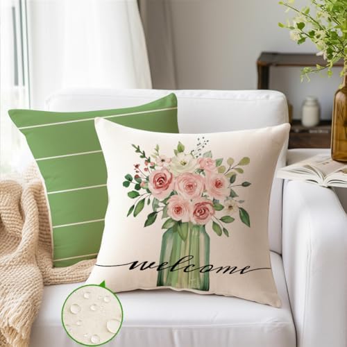 RABUSOFA Spring Pillow Covers 20x20 Inch Set of 4 Outdoor Waterproof Spring Decorations for Home,Green Farmhouse Decor Throw Decorative Pillows for Couch Patio - Image 2