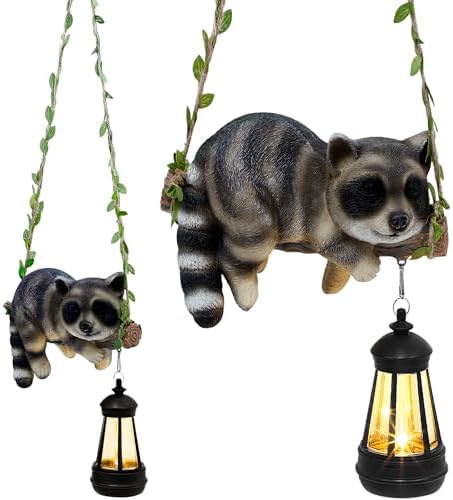 Solar Lighted Garden Outdoor Statue, Hanging Swing Raccoon Style by ZaaYee