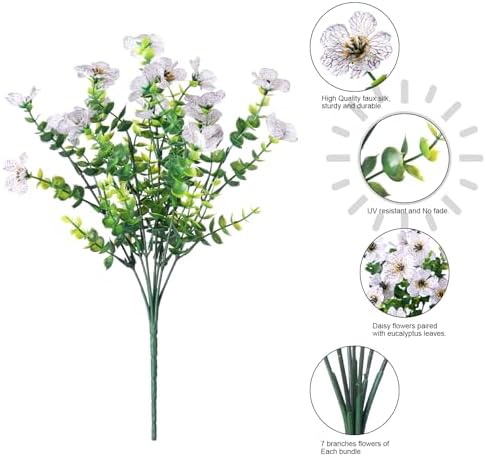florisso Artificial Flowers for Outdoors Daisy 12 Bundles for Home Decoration, Faux Flower Fake Plants Outside Decoration with Eucalyptus UV Resistant for Planter Porch Patio Yard Garden White - Image 4