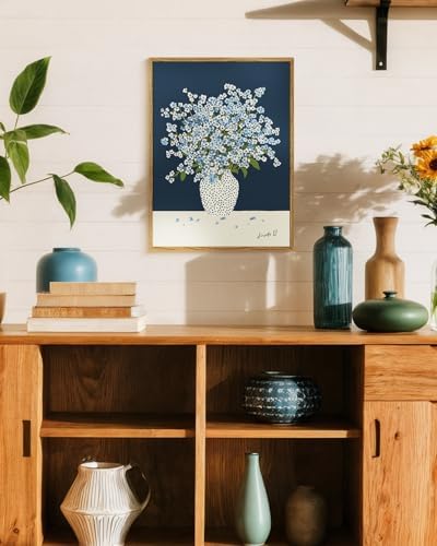Vintage Framed Floral Wall Art 12x16, Blue White Baby’s Breath Flower in Polka Dot Vase Print, Minimalist Modern Nordic Botanical Canvas Artwork, Entryway Bedroom Kitchen Office Decor - Image 5