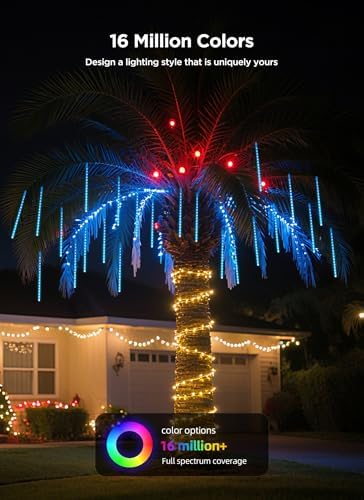 Smart Meteor Shower Lights Outdoor, 16Tube 256LED 24.6ft Color Changing Dripping Icicle Christmas Lights for Outdoor Outside, APP Controlled RGB Customize Display DIY Dynamic Lighting Effec - Image 5