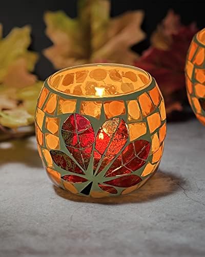 SHMILMH Fall Votive Candle Holder Set of 4, Mosaic Glass tealight Holders with Maple Leave for Halloween Thanksgiving Party Decorations by SHMILMH
