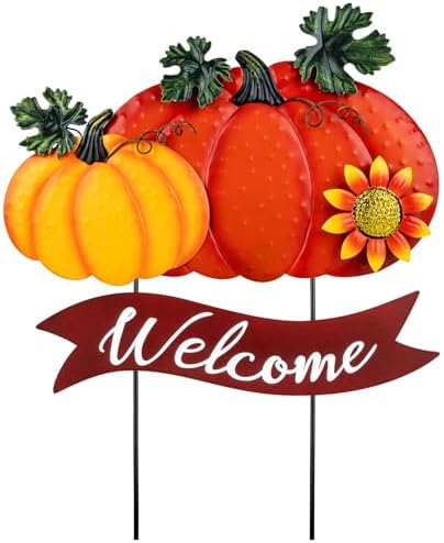 Fall Decorations for Home Outdoor - 21.2" Metal Pumpkin Yard Stakes with 2-Pumpkin Welcome Sign & Glitter Sunflower - Decorative Garden Stakes for Outside Garden Yard Lawn Patio Porch Decor by Beterzack