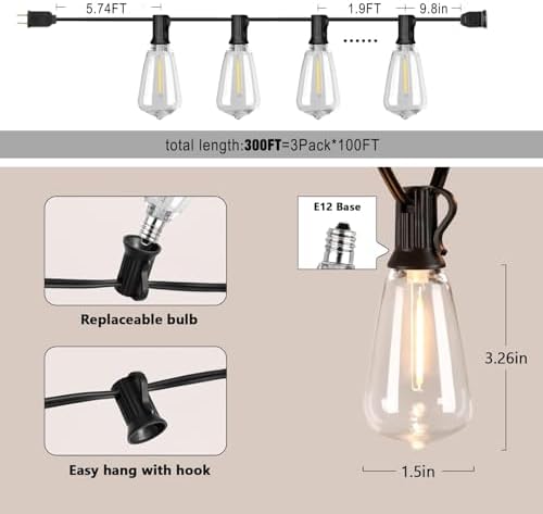 300FT Edison String Lights Outdoor Waterproof with 150+6 Extral LED Shatterproof ST38 Edison Bulbs 2200K for Outside Patio Pergola Backyard Bistro Lights, 3 x 100FT Connectable - Image 2