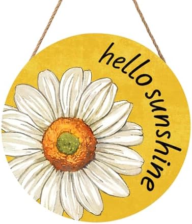 Spring Summer Daisy Flower Front Door Sign Hello Sunshine Floral Wood Door Hanger Outdoor Outside Porch Decor Seasonal Wooden Wreath Farmhouse Indoor Wall Hanging Decoration for House 12"x12" by welcometoourhome