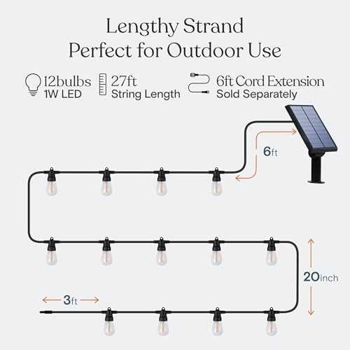 Brightech Ambience Pro Solar Powered Outdoor String Lights -27 ft Commercial Grade Waterproof Edison Patio Lights, Shatterproof LED String Lights for Outside, Porch - 12 Bulbs, 1W Soft White - Image 4