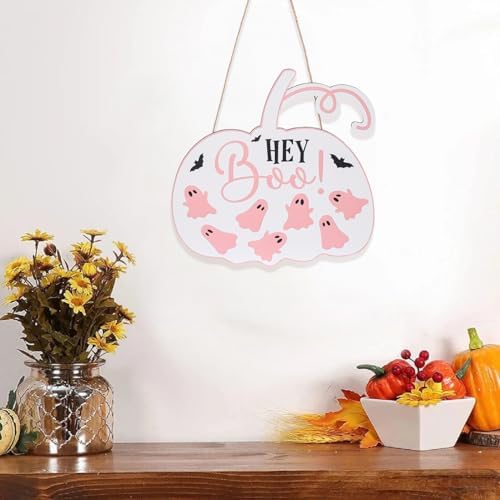 Fall Thanksgiving Door Sign Pink Pumpkin Wreath Decorations Hey Boo Sign for Front Door Decor Autumn Harvest Thanksgiving Farmhouse Wall Hanging Wooden Door Hanger for Fall Holiday Porch Outdoor Indoor Halloween Party - Image 4