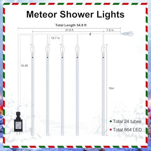 Minetom Meteor Shower Lights Outdoor, 16 Inch 24 Tube 864 LED Icicle Lights - Image 5