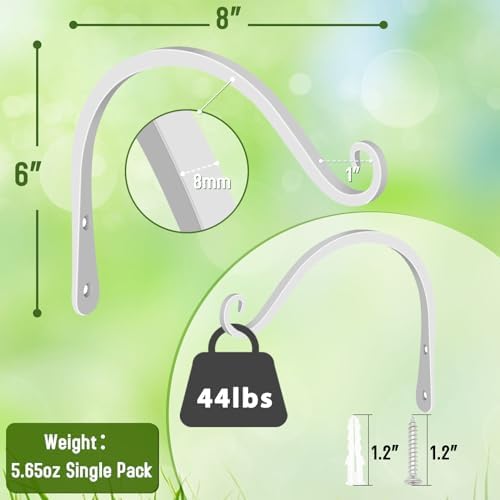 FEED GARDEN Heavy Duty Plant Hooks - 2 Pack 8 Inch Wall Mounted Hanging Brackets, 44lb Capacity Steel Plant Hangers for Bird Feeders, Baskets, Wind Chimes -White - Image 2