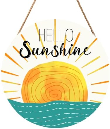 Summer Wreaths for Front Door Hello Sunshine Welcome Sign Summer Sunshine Decoration Wooden Door Hanger Sunset over Sea Farmhouse Hanging Plaque Sign for Home Porch Indoor Outdoor Outside 12”x12” by welcometoourhome