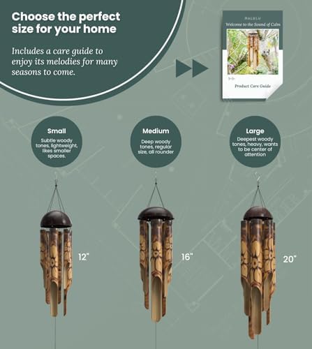 Nalulu Rustic Bamboo Wind Chimes - Outside Outdoor Wooden Windchimes, Large, Floral Burned Design with Coconut Crown, Handcrafted with Calming Deep Tones, Home Decor, Ideal Gift for Him & Her - Image 5