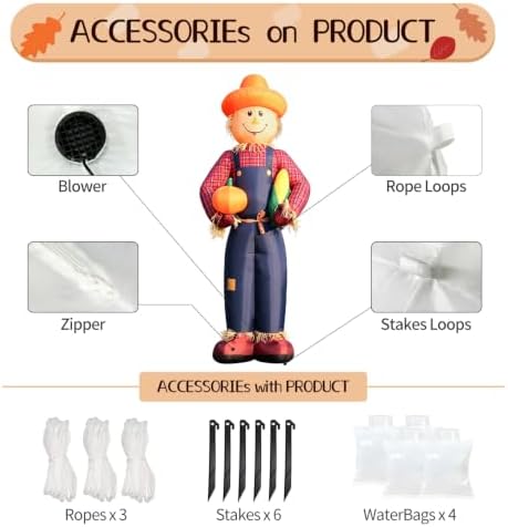DomKom 12FT Fall Inflatable Scarecrow, Scarecrow Farmer Hold Corn and Pumpkin, Harvest Thanksgiving Blow Up Decorations, Built-in LEDs for Holiday Party, Garden, Lawn, Yard, Patio Décor - Image 6