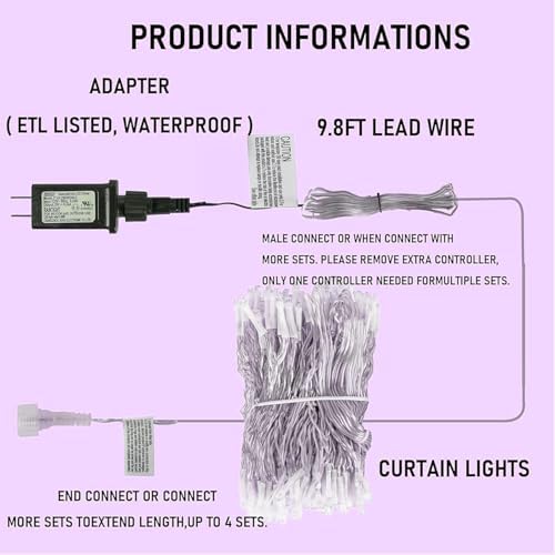 Dazzle Bright 300 LED Christmas Curtain String Lights, Halloween Fairy Lights for Bedroom with 8 Lighting Modes, Waterproof Window Light Party Wedding Garden Wall Decor, Purple - Image 5