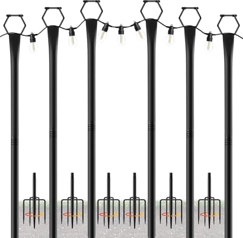 6 Pack String Light Poles for Outside, 9Ft Light Poles for Outdoor String Lights, Adjustable Outdoor String Light Poles with Fork,Metal Fence Post for Patio,Backyard,Deck by MIUVIBENI
