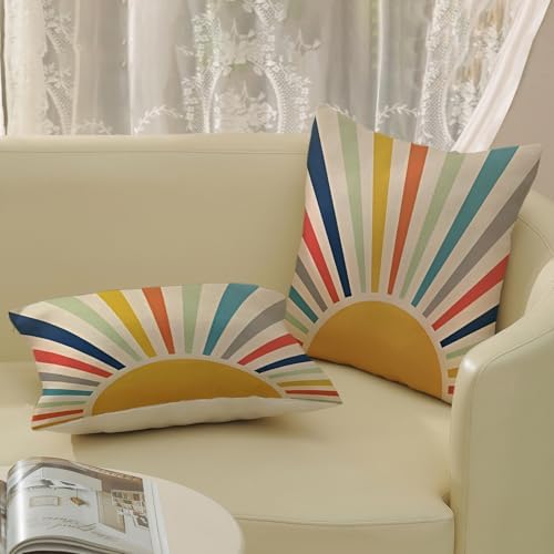 Summer Pillow Covers 18x18 Inch Set of 2 Outdoor Boho Rainbow Sun Throw Pillows Colorful Stripes Decorative Pillow Cases Linen Yellow Sunshine Cushion Covers Decor for Couch Sofa Bed Decor - Image 5