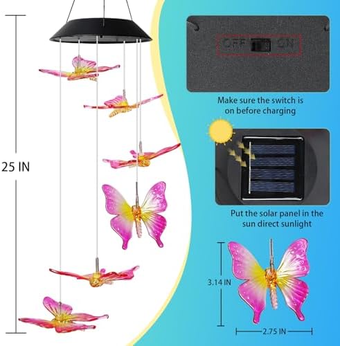 MorTime 25" LED Solar Wind Chime, Color Changing Solar Butterfly Wind Chimes Mobile Hanging Wind Chime for OutsideHome Garden Decoration - Image 2